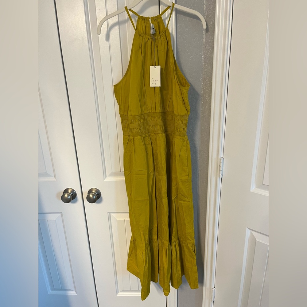 a new day Halter Midi Smocked Tiered Waist Dress in Mustard Yellow NWT L - Picture 7 of 9